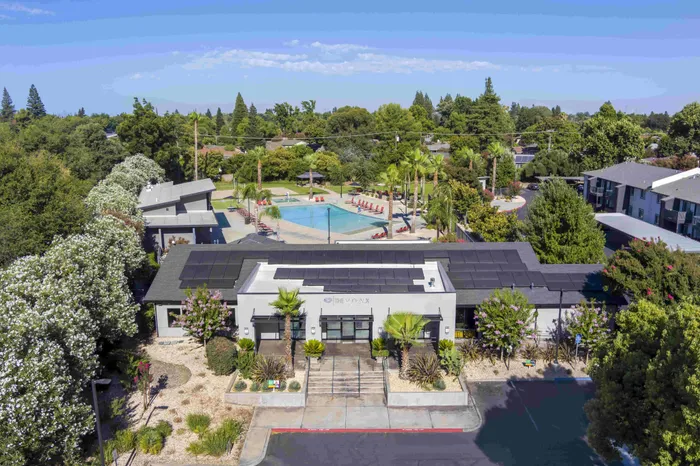 Clubhouse Entrance and Pool at the Phoenix Sacramento Apartment Community in Sacramento, California