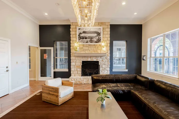 Clubhouse lounge seating area at The Zone student apartments near TAMU in College Station Texas