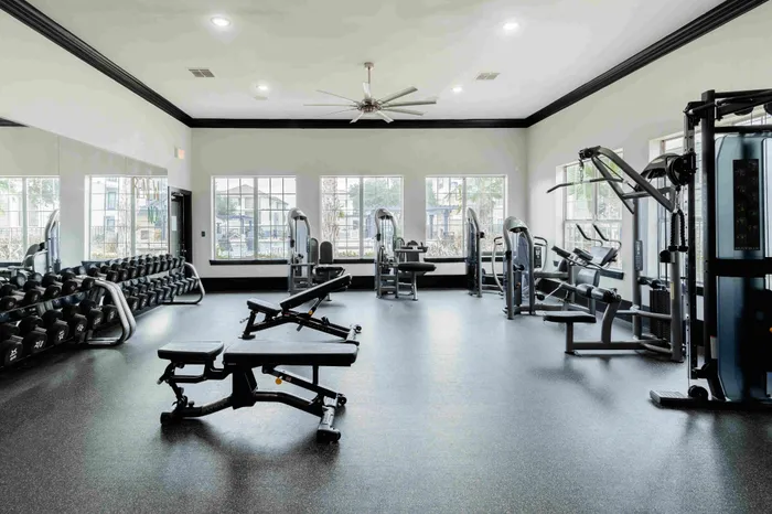 Cardio and weights fitness center at The Zone student apartments near Texas A&M University in College Station TX
