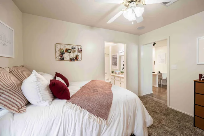 Cozy furnished bedroom at The Zone student apartments near Texas A&M University in College Station TX