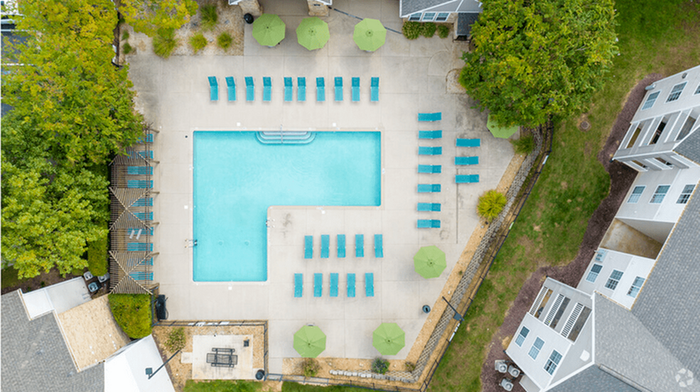 Aerial View of Pool Area at Village Green Apartment Community in Raleigh, North Carolina