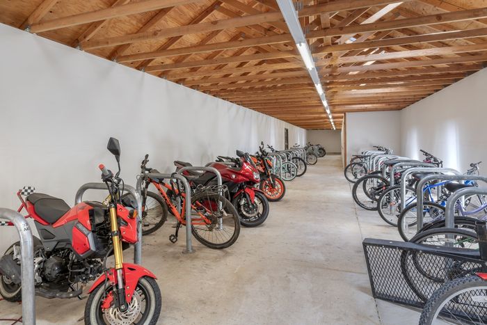 Indoor bicycle storage  at Chase Courtyard in Eugene, Oregon