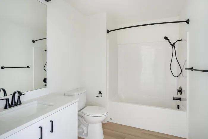 Bathroom in studio apartment homes at The Current in Bend, Oregon