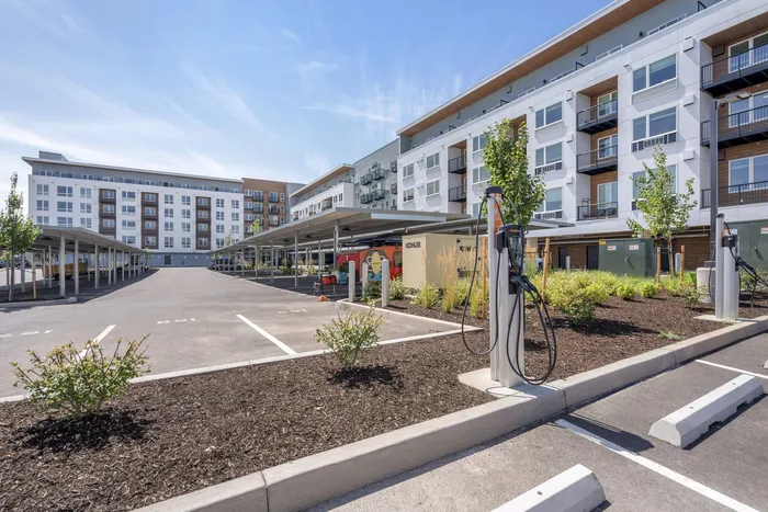 Electric vehicle charging stations at The Current in Bend, Oregon