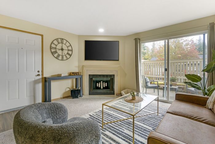 Fireplace in living room at Alderwood Heights in Lynnwood, Washington