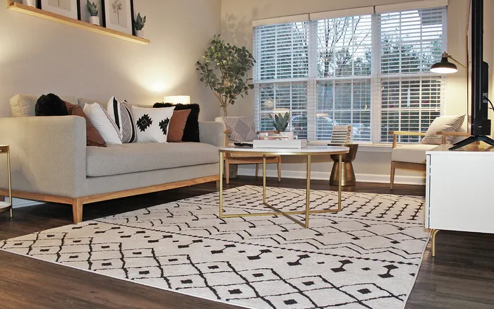 Modern apartment living room with sofa and large windows at Centennial Ridge in Raleigh, NC
