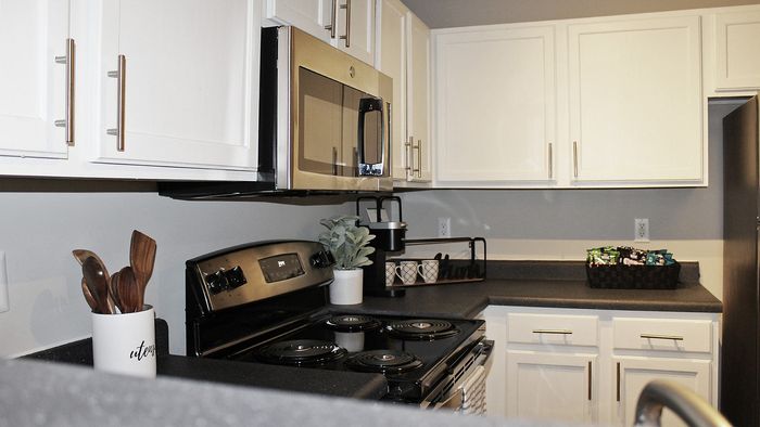 Contemporary Centennial Village kitchen with sleek black appliances, white cabinets, and stylish decor.