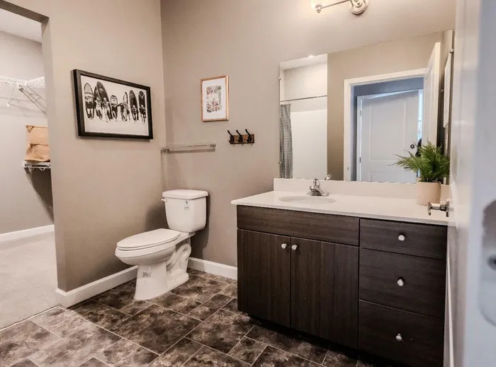 Elegant bathroom with modern cabinetry and stylish decor.