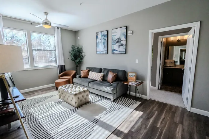 Sophisticated living room with a plush sofa, stylish armchair, and modern decor, bathed in natural light.