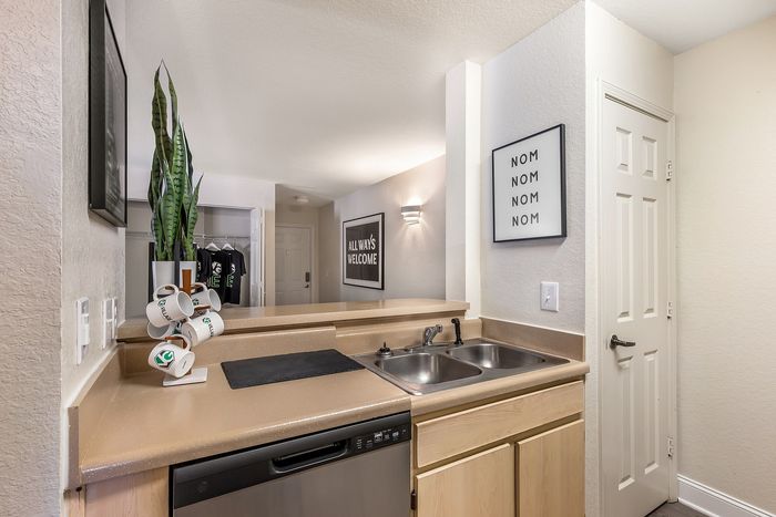 Modern kitchen with stylish decor, featuring a sleek sink setup and decorative mug holder at Village Green in Raleigh, North Carolina.