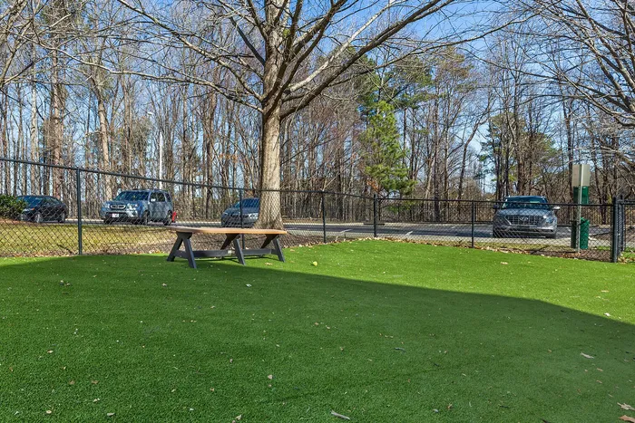 Serene outdoor area featuring lush artificial grass and a sturdy picnic table, surrounded by tall trees Village Green in Raleigh, North Carolina.