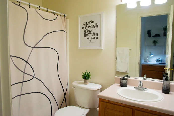 Elegant bathroom featuring a stylish shower curtain, framed artwork, and a modern vanity.