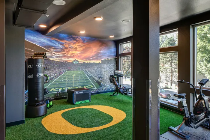 Chic fitness area featuring a vibrant sports mural, exercise equipment, and large windows with scenic views.