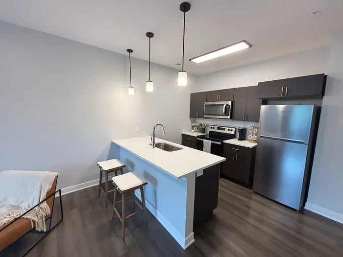 Modern kitchen with sleek dark cabinets, stainless steel appliances, and an inviting breakfast bar with pendant lighting.