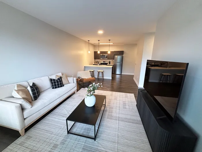 Modern living room with cozy sofa and stylish kitchen in an open-concept apartment, featuring elegant decor and ample natural light.