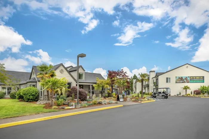 Leasing office entrance at Chase Village apartment community in Eugene Oregon