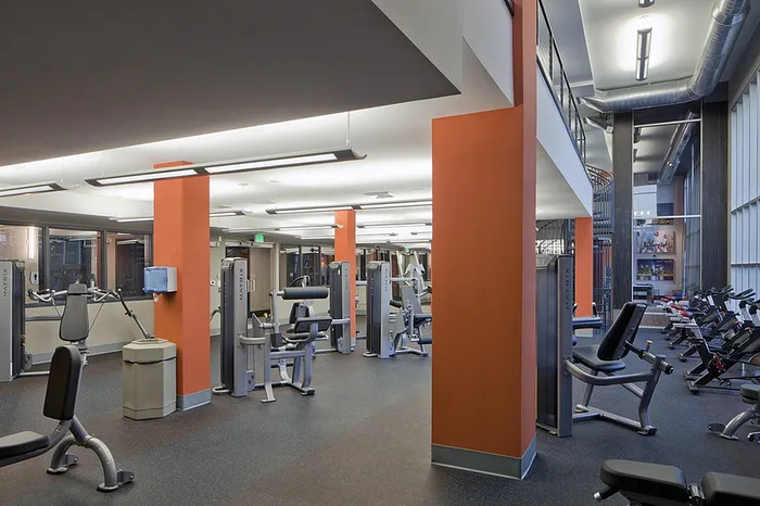 Modern gym with state-of-the-art fitness equipment, vibrant orange accents, and expansive windows for natural lighting.