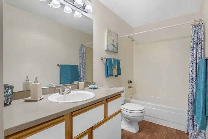Canyon Springs apartment bathroom with modern fixtures spacious countertop and elegant decor in Lynnwood WA
