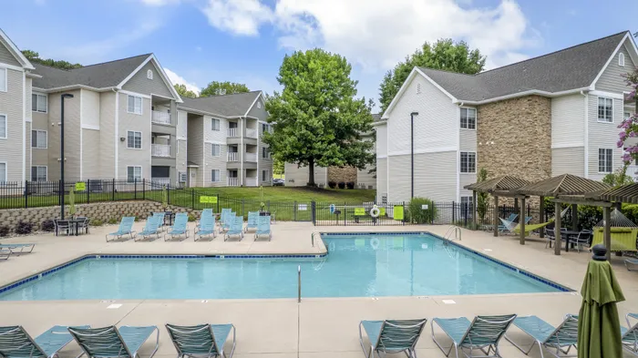 Resort-style swimming pool at Village Green student apartments near NC State University in Raleigh NC