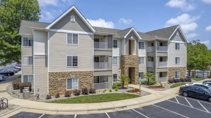 Residential building exterior at Village Green student living community near NCSU in Raleigh NC