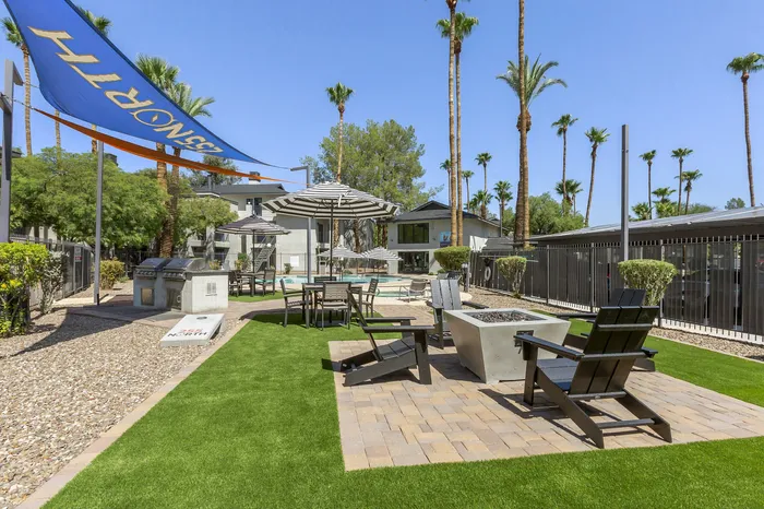 255 North outdoor lounge and fire pit area ideal for evening gatherings at Tucson AZ apartment community