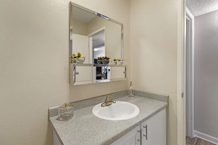 The Phoenix Reno bathroom vanity with sleek mirror, gray countertop, and modern sink in Reno NV