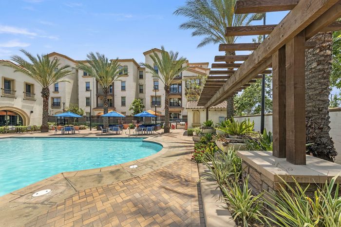 Highlander at North Campus sparkling pool with lush palm trees and vibrant landscaping for relaxation in Riverside CA