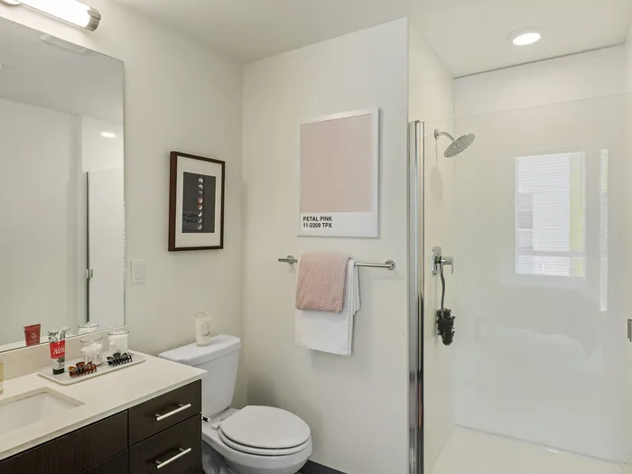 Republic on Main apartment bathroom with sleek design featuring a glass-enclosed shower, elegant vanity, and tasteful wall art in Moscow, ID