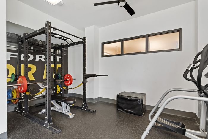 303 Flats modern fitness center featuring weight training area and cardio machines in Knoxville TN