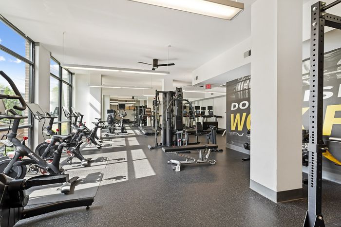 303 Flats student apartment gym with free weights and floor-to-ceiling windows overlooking Knoxville Tennessee