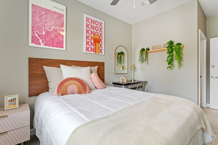 303 Flats private bedroom with contemporary decor and large windows in Knoxville TN student housing