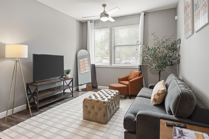 303 Flats model living room with open floor plan and stylish contemporary furnishings in Knoxville TN