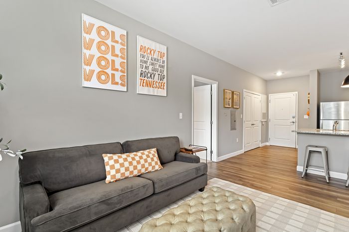 303 Flats bright and spacious model living room with large windows and natural light in Knoxville Tennessee
