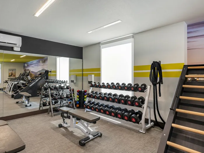 Republic on Main fitness center featuring sleek gym equipment, including treadmills, free weights, and a functional training area, ideal for a healthy lifestyle.