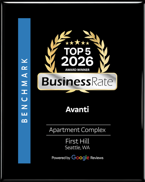 Award-winning Avanti Apartment Complex in First Hill, Seattle, showcasing BusinessRate 2026 Top 5 status.
