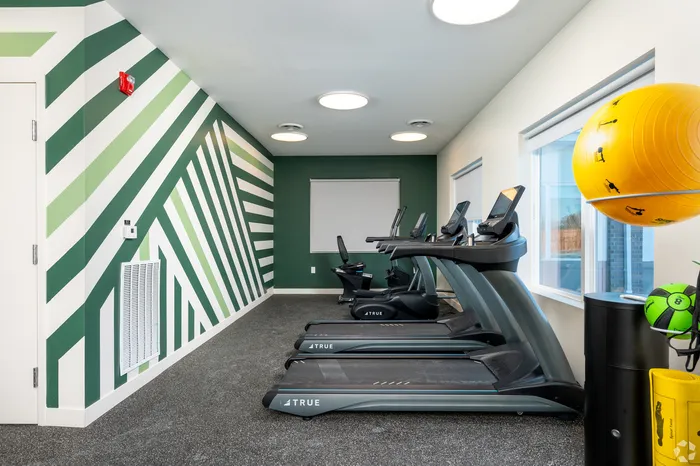 Modern fitness room featuring state-of-the-art treadmills, vibrant wall design, and abundant natural light.
