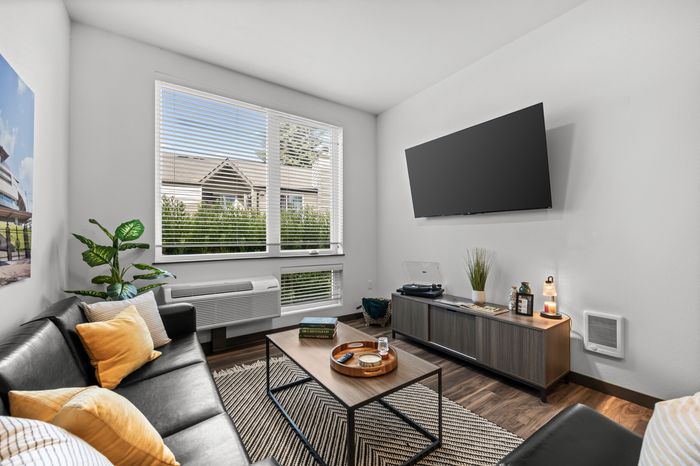 Bright and modern living room featuring a sleek black sofa, large flat-screen TV, and elegant decor, bathed in natural light from expansive windows.