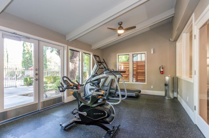 Bright and modern fitness room featuring state-of-the-art treadmills and exercise bikes, with large windows and a serene outdoor view.
