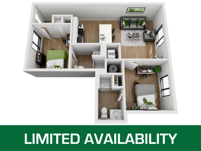 3D apartment layout with two bedrooms, cozy living room, and modern kitchen.