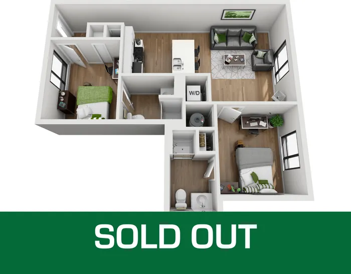 Stylish 3D floor plan of a cozy apartment featuring 2 bedrooms, open-concept living area, and modern kitchen.