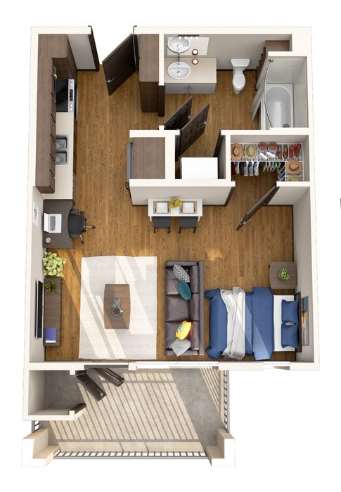 Chic 1-bedroom apartment floor plan with open living area, modern kitchen, spacious bathroom, and inviting balcony.