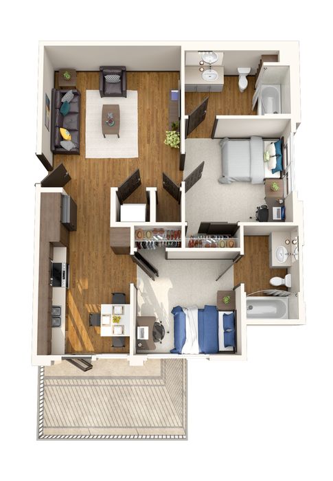 Charming 3D floor plan of a modern apartment featuring two cozy bedrooms, two sleek bathrooms, a spacious open-concept living and dining area, a contemporary kitchen, and a private balcony.