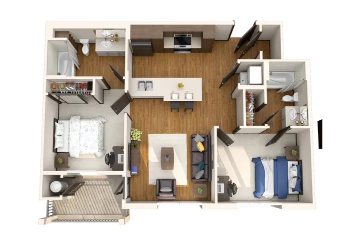 Modern 3D floor plan showcasing a spacious 2-bedroom apartment with an open living area, contemporary kitchen, and two elegant bathrooms.