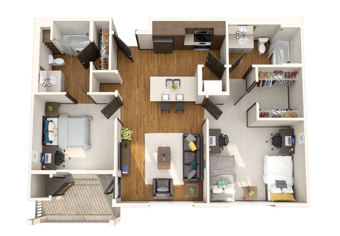 Modern 3D floor plan featuring two cozy bedrooms, a stylish living room, sleek kitchen with island seating, and two bathrooms.