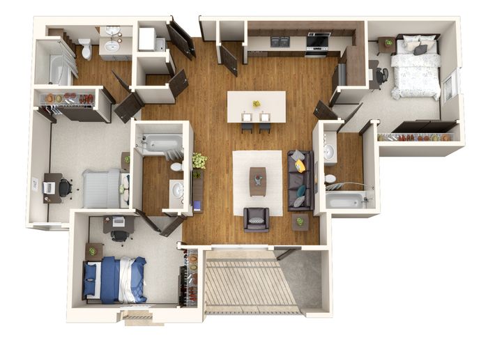 Modern 3D floor plan featuring 2 bedrooms, 2 bathrooms, and a spacious open-concept living area with a sleek kitchen and cozy dining space.