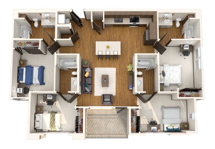Modern floor plan showcasing 3 bedrooms, 2 bathrooms, and an open-concept kitchen with a central island, all highlighted by a spacious living area with elegant finishes.