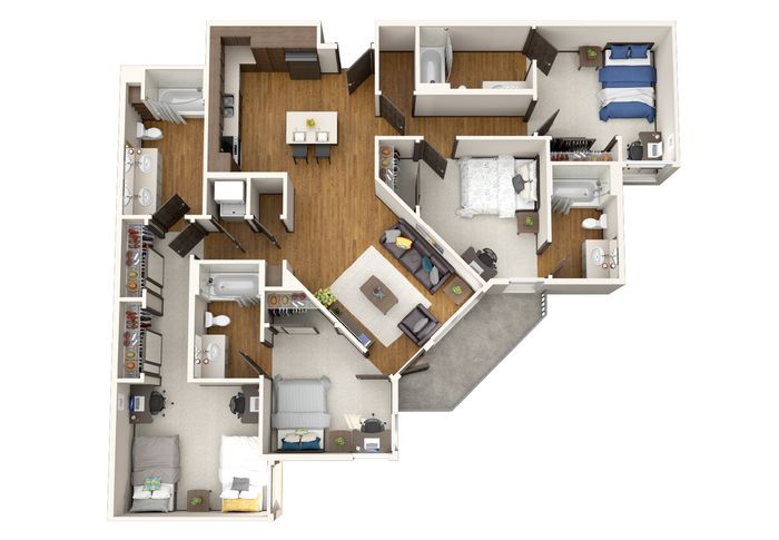 Modern 3D floor plan showcasing three spacious bedrooms, open living area, stylish kitchen, and two elegant bathrooms, ideal for comfortable living.