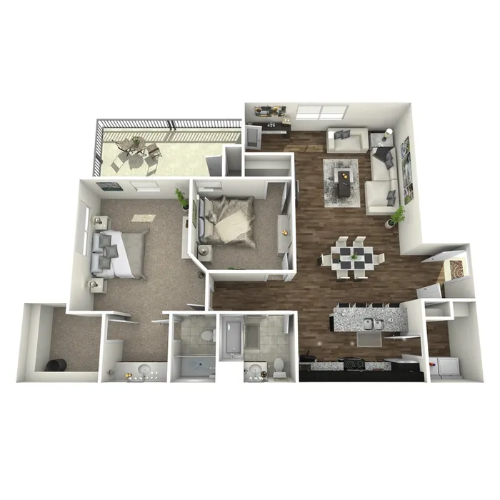 Wilshire 2-bedroom apartment floor plan with kitchen island and balcony at Corbin Crossing Overland Park KS