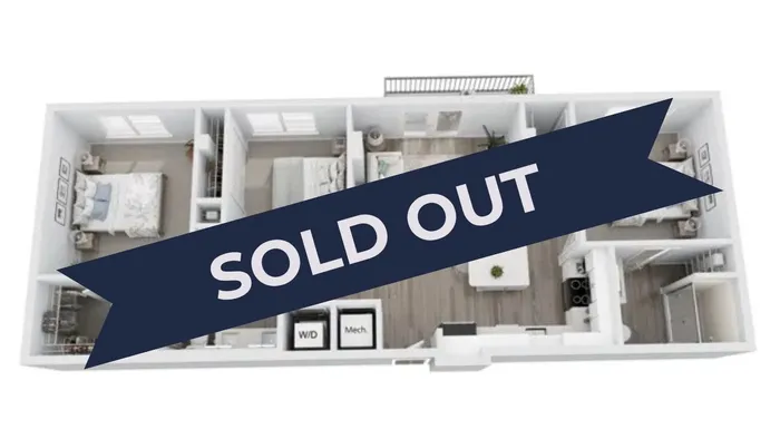 Modern floor plan with 3 bedrooms, cozy living area, and sleek kitchen, now sold out.
