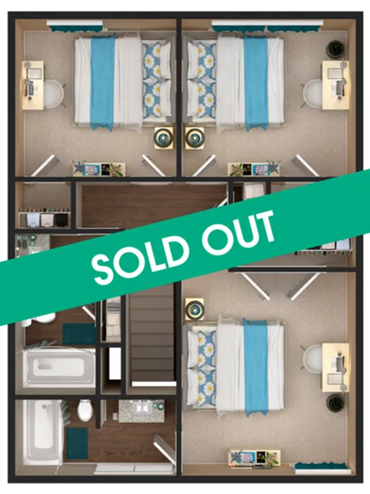Modern floor plan with two cozy bedrooms, stylish shared bathrooms, and a functional layout, highlighted with a 'Sold Out' banner.